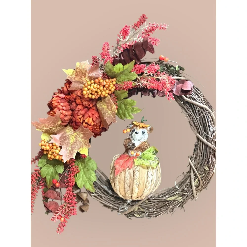 Handmade Fall Wreath: Faux Pumpkin, Pinecone & Berry Door Decor